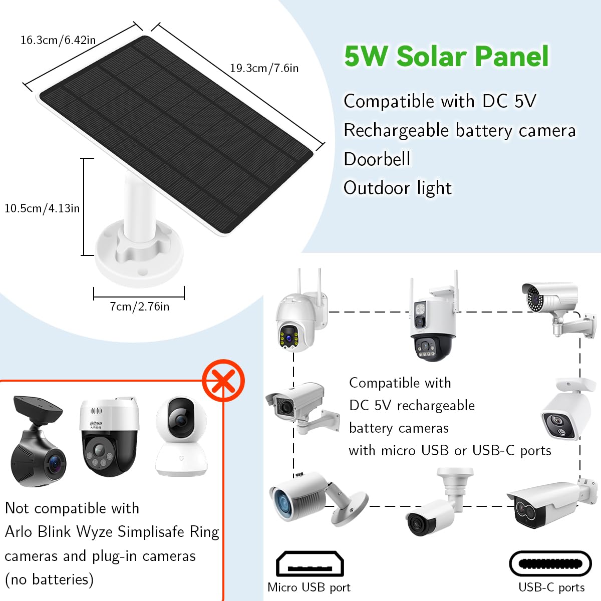 Security panel słoneczny (5 W), kompatybilny z EufyCam, panel słoneczny 5 V ze złączem USB-C, adapter micro USB, IP65, odporny na warunki atmosferyczne, do monitorowania zewnętrznego i ładowania