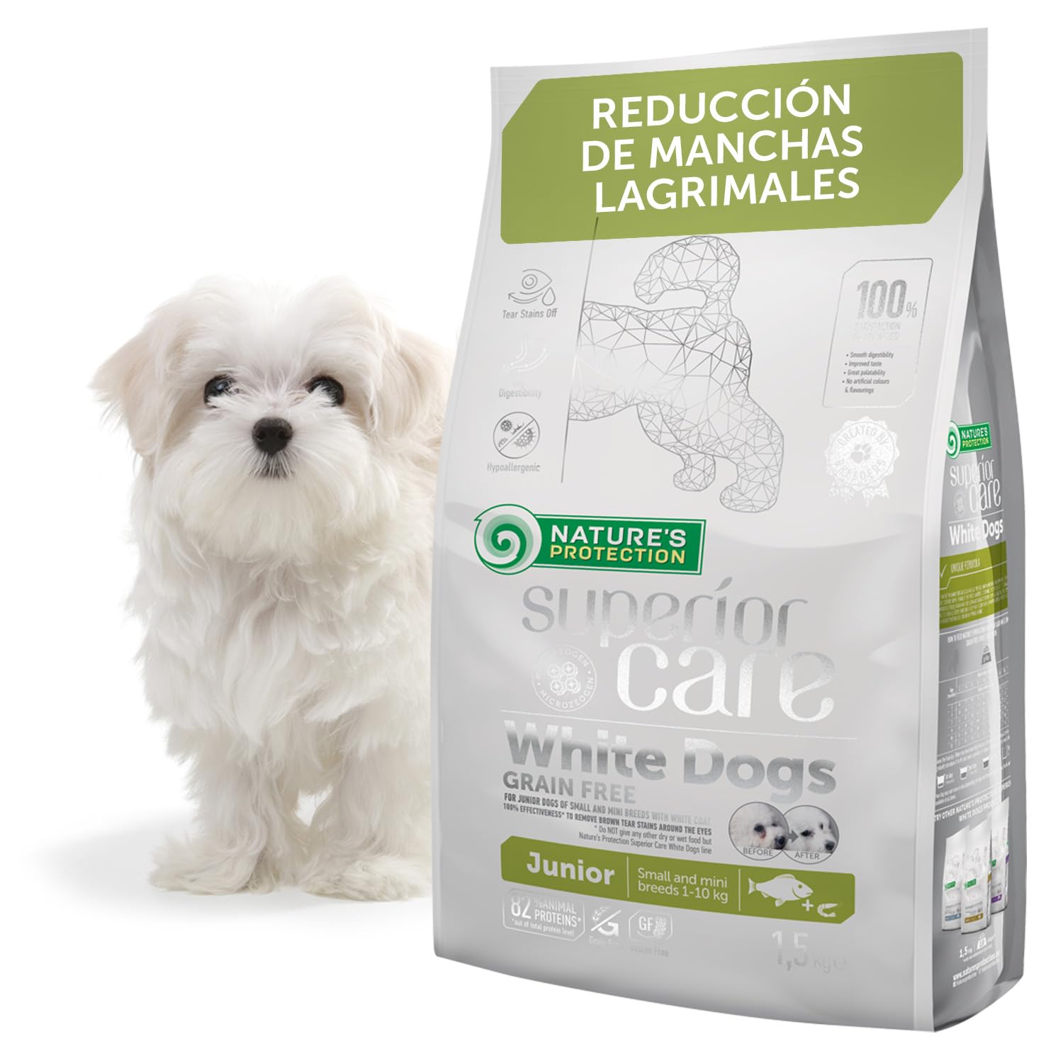 Nature's Protection Superior Care Comida para Perros Blancos Jóvenes - Pienso Hipoalergénico para Perros con Pescado Blanco, Rico en Proteínas, Omega 3 y 6 – Antimanchas Lagrimales, 1,5 Kg