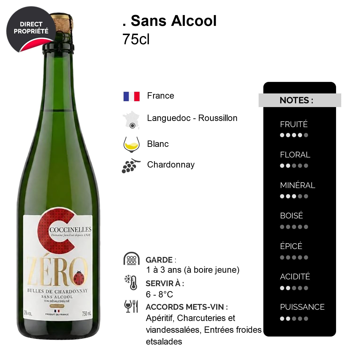 Sans Alcool Zéro Bulles de Chardonnay - Blanc - Coccinelles - Vin Blanc du Languedoc - Roussillon (6x75cl) Sans Alcool