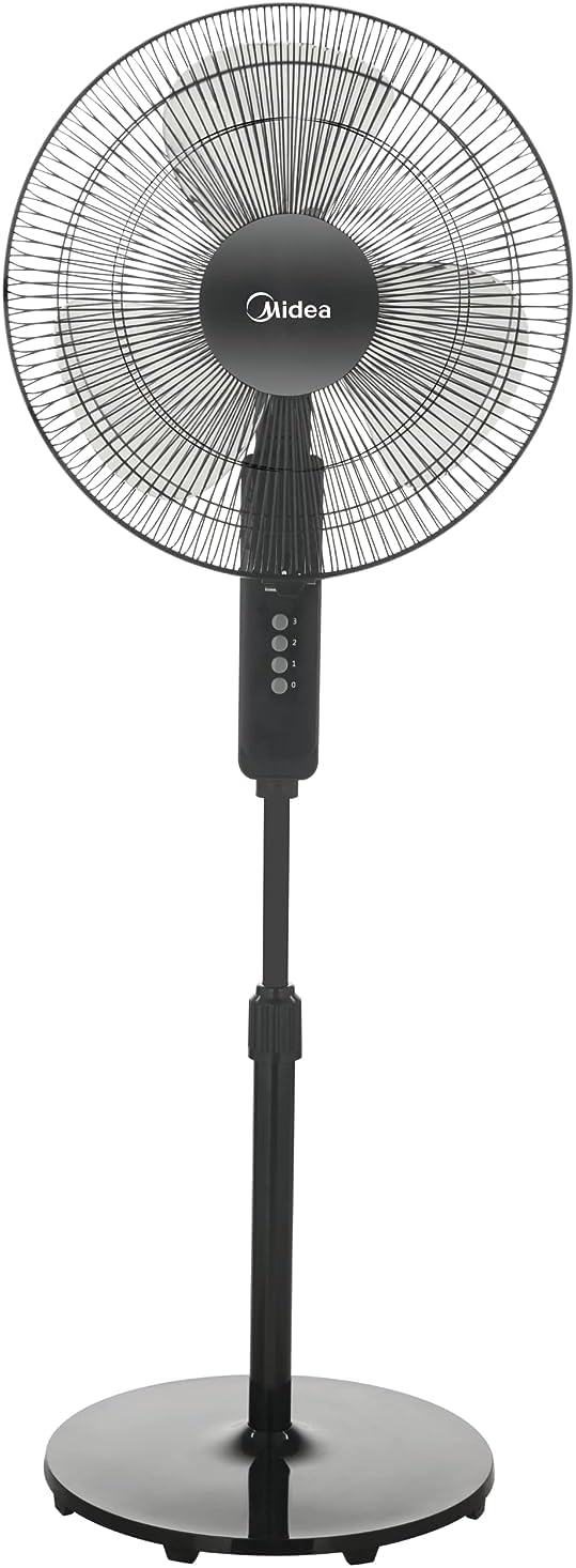 Midea Pedestal Stand Fan with SQD Motor, 16 inch, 3D Oscillation Directions, 3 Speed Levels & Adjustable Height, 3 Leaf Blade with 7.5 Hours Timer, Best for Home & Office, Black, FS4019K