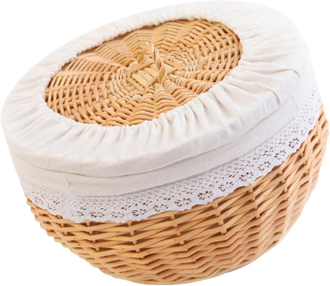 FUOYLOO Woven Wood Bread and Snack Basket with White Liner, Medium 30cm Diameter Imitation Rattan Storage Basket for Kitchen and Dining Table Organization