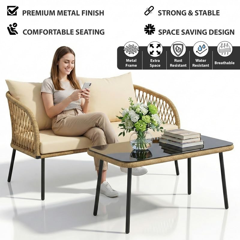 Image of OUTLIVING Braid Rope & Metal Frame Outdoor 4-Seater Sofa Set with Tempered Glass Top Center Table, Water-Repellent Cushions & Handwoven Design for Patio, Garden and Balcony (Beige)