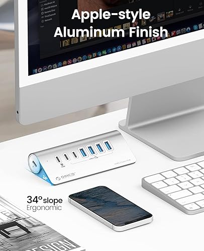 Miniatura 5 de ORICO Hub USB de 7 puertos de 10 Gbps, Hub USB 3.2 Gen 2 de aluminio, 6 puertos de datos USB 3.2, 1 puerto PD de 60 W, adaptador de corriente de 24