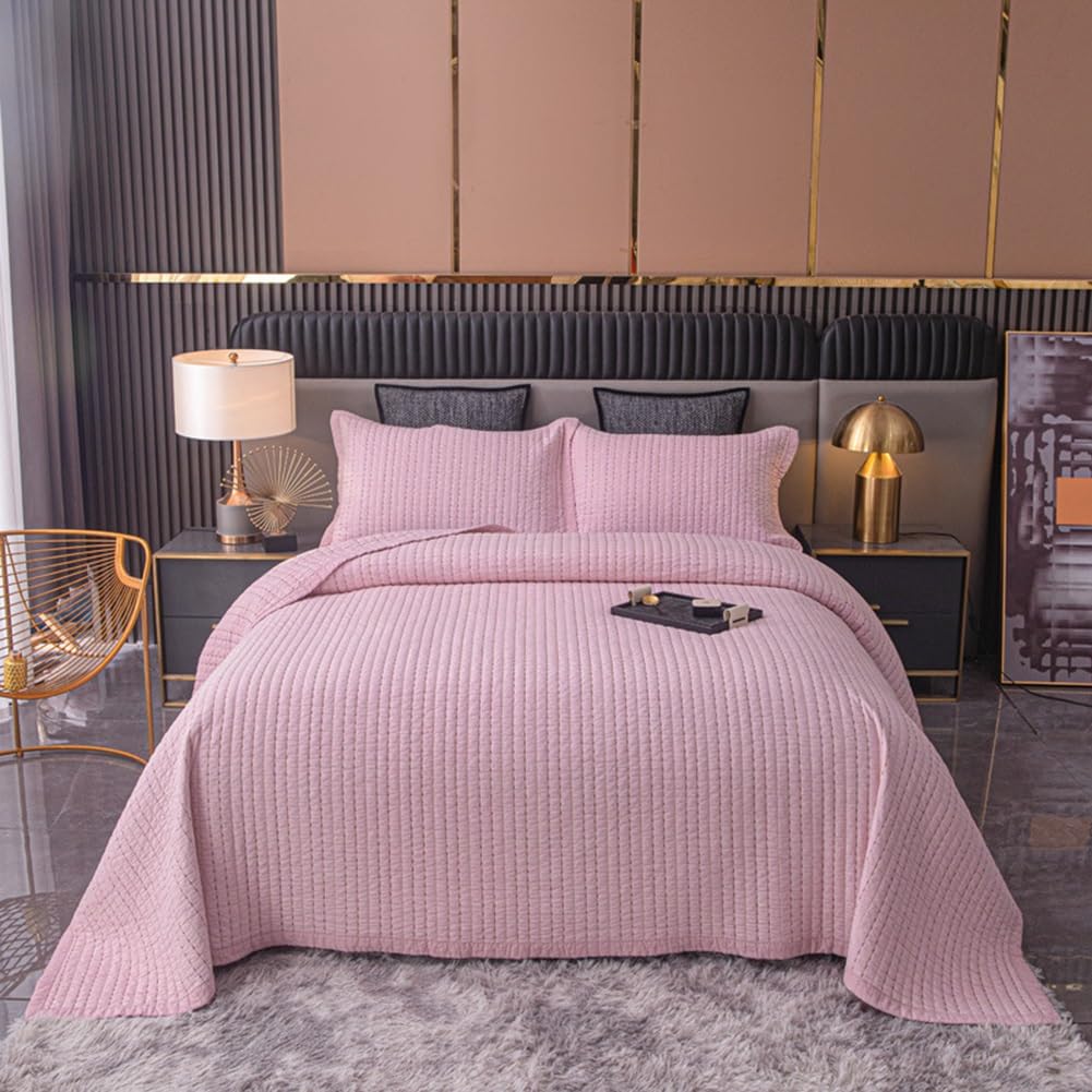 SSHFFDD Bedspread 100% Cotton 240x260cm - Lightweight Quilted Bedspreads Coverlet All Season Bedding Set (1 Quilt, 2 Pillow Shams)(Pink)