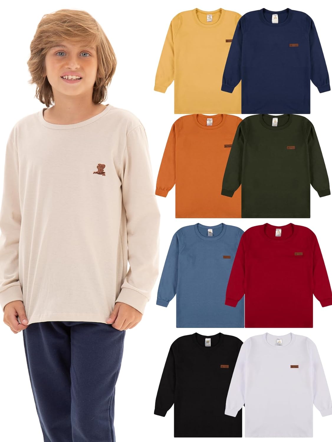 Kit Sortido 5 Camisetas Manga Longa Infantil Menino Básica Lisa Algodão
