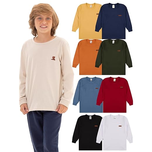 Kit Sortido 5 Camisetas Manga Longa Infantil Menino Básica Lisa Algodão