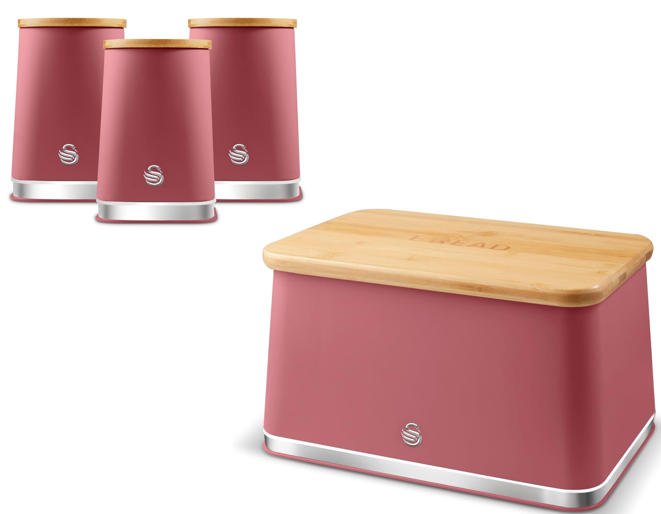 Swan Pink Nordic Fuchsia Rose Bread Bin & Tea, Coffee, Sugar Canisters. Matching Scandinavian Inspired Minimalist Design Kitchen Storage With Fuchsia Matt Finish, Stainless Steel Accents And Acacia Wood