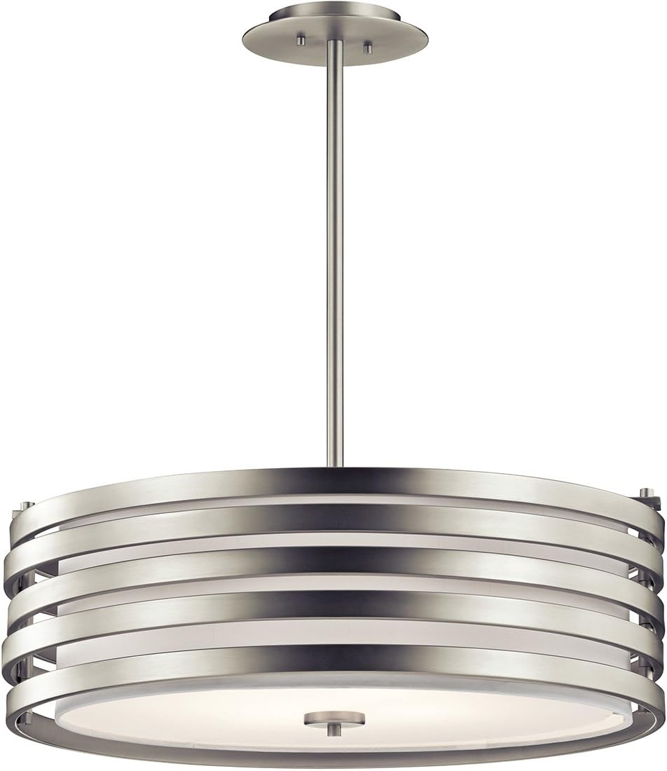 Super Deal Product Kichler Roswell 9 4 Light Pendant with Satin Etched Diffuser and Off White Linen Shade in Brushed Nickel
