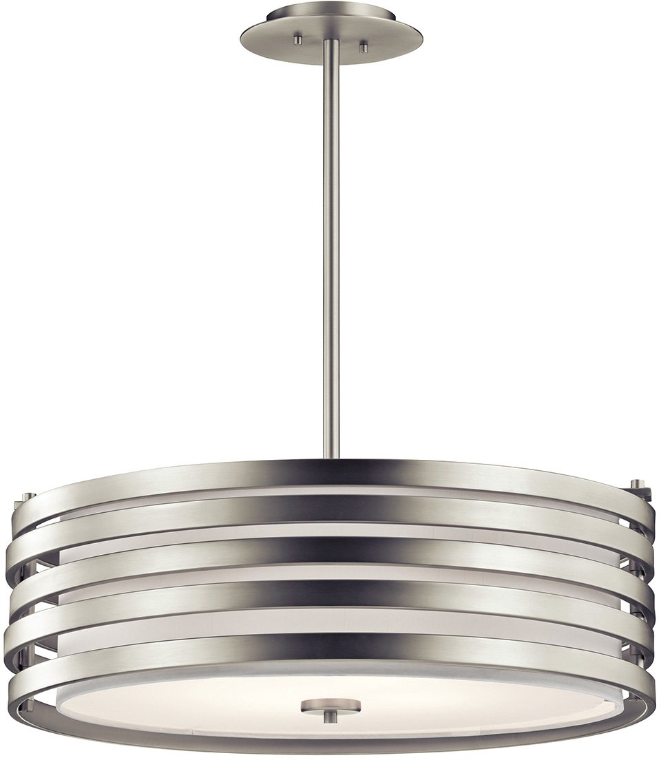 Kichler Roswell 9" 4 Light Pendant with Satin Etched Diffuser and Off White Linen Shade in Brushed Nickel