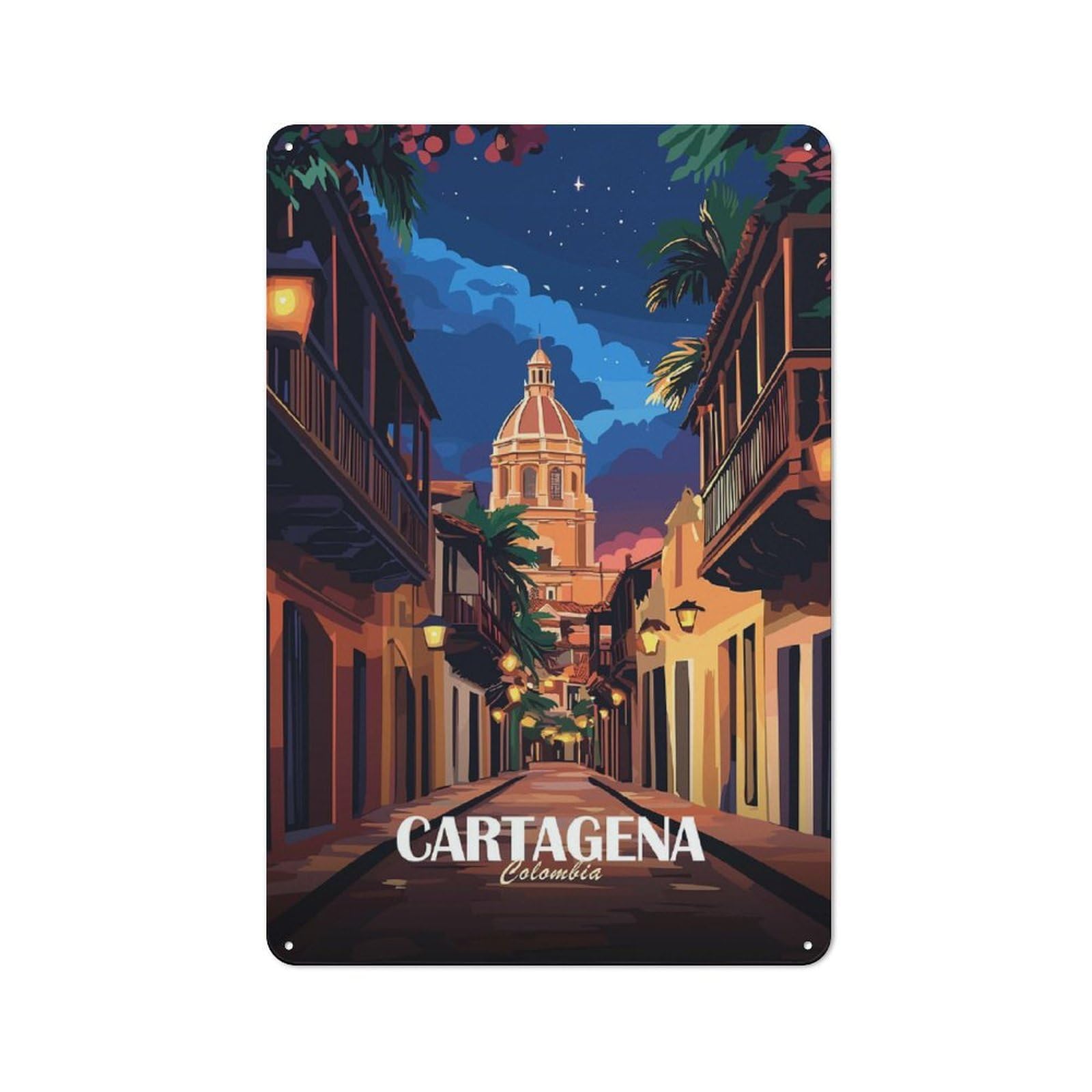 Junmoney Style-24 Cartagena, Colombia Street At Night Printed Metal Sign 30X20cm For Bar Or Restaurant, New Home Wall Decor For Hospitality Decor Collectors