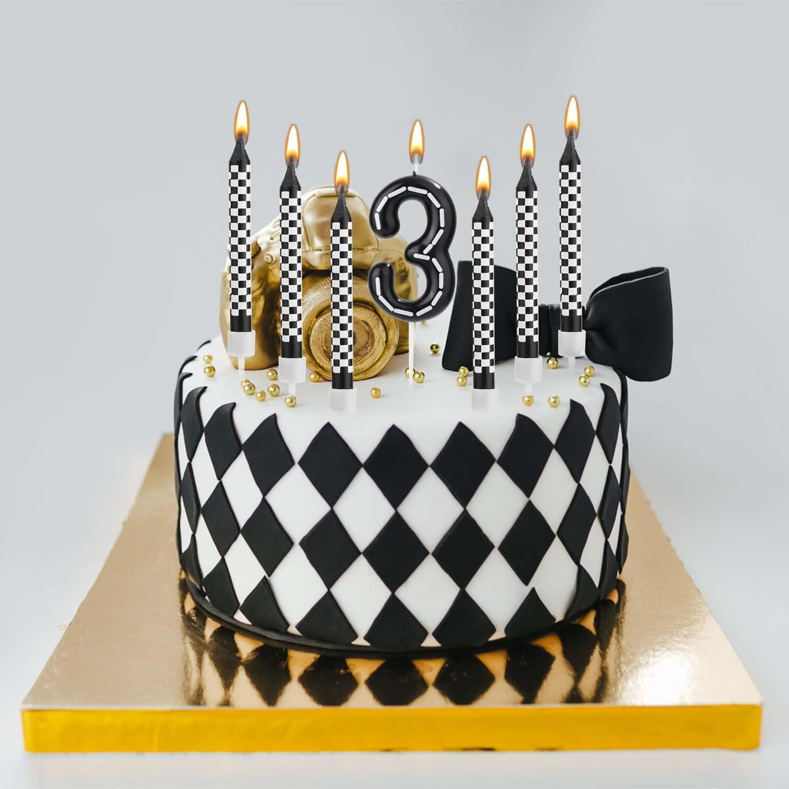 13 Candele Per Torta Compleanno Auto Da Corsa - Design Scacchi Bianco/Nero Con Numero 1 - Decorazioni Festa Bambino