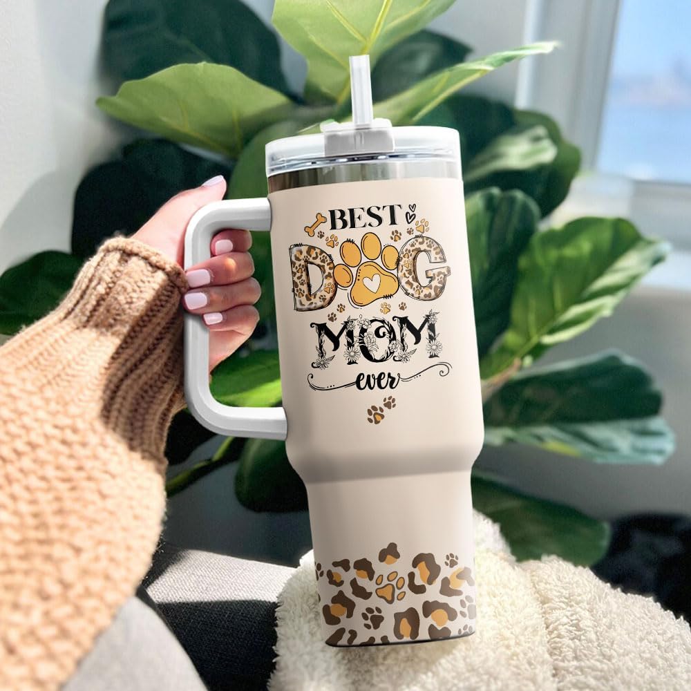 Dog Mom Leopard Nutrition Facts, Tumbler 40 Oz With Handle Lid And Straw, Dog Mom Gifts, Mommy Day Mothers Handle Mama World Cups Print Simple Best Modern Women Black Eleven - Image 3