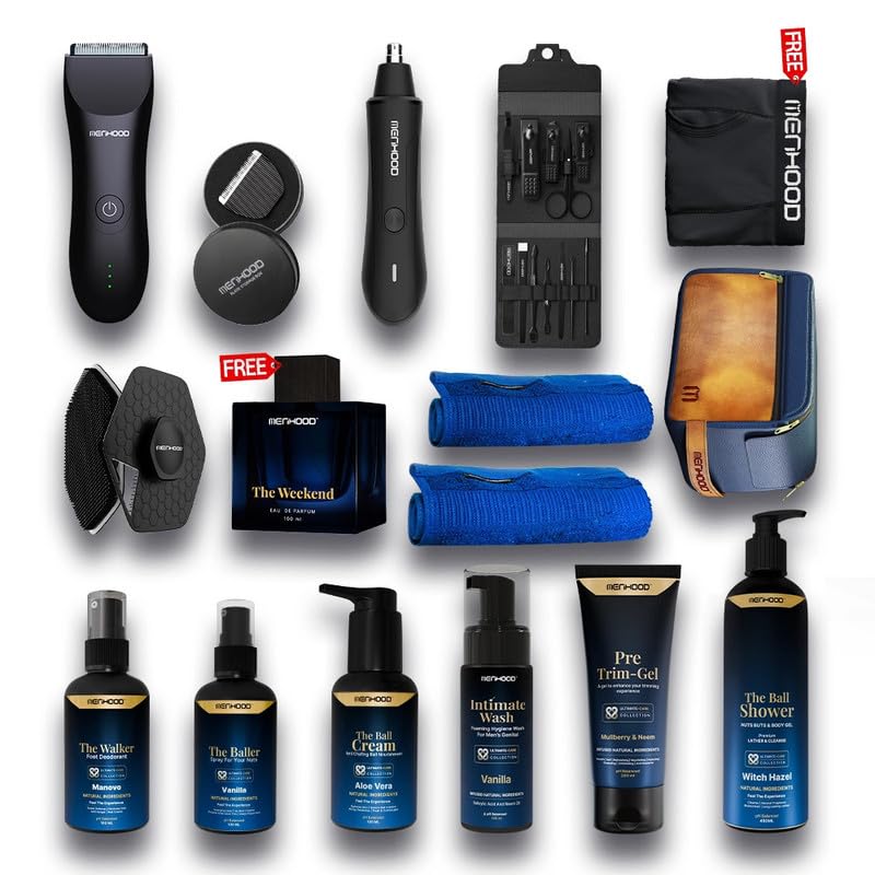 Image of Menhood Ballacious Pacakage 1.0-Trimmer 1.0,Baller,Pre Trim Gel,Nosar,Ball Shower,Ball Towel,Ball Cream,Travel Bag,Mancure Kit,Scoob,Walker,Intimate Wash, Perfume,Replacement Blade&Boxer Brief(XXL)