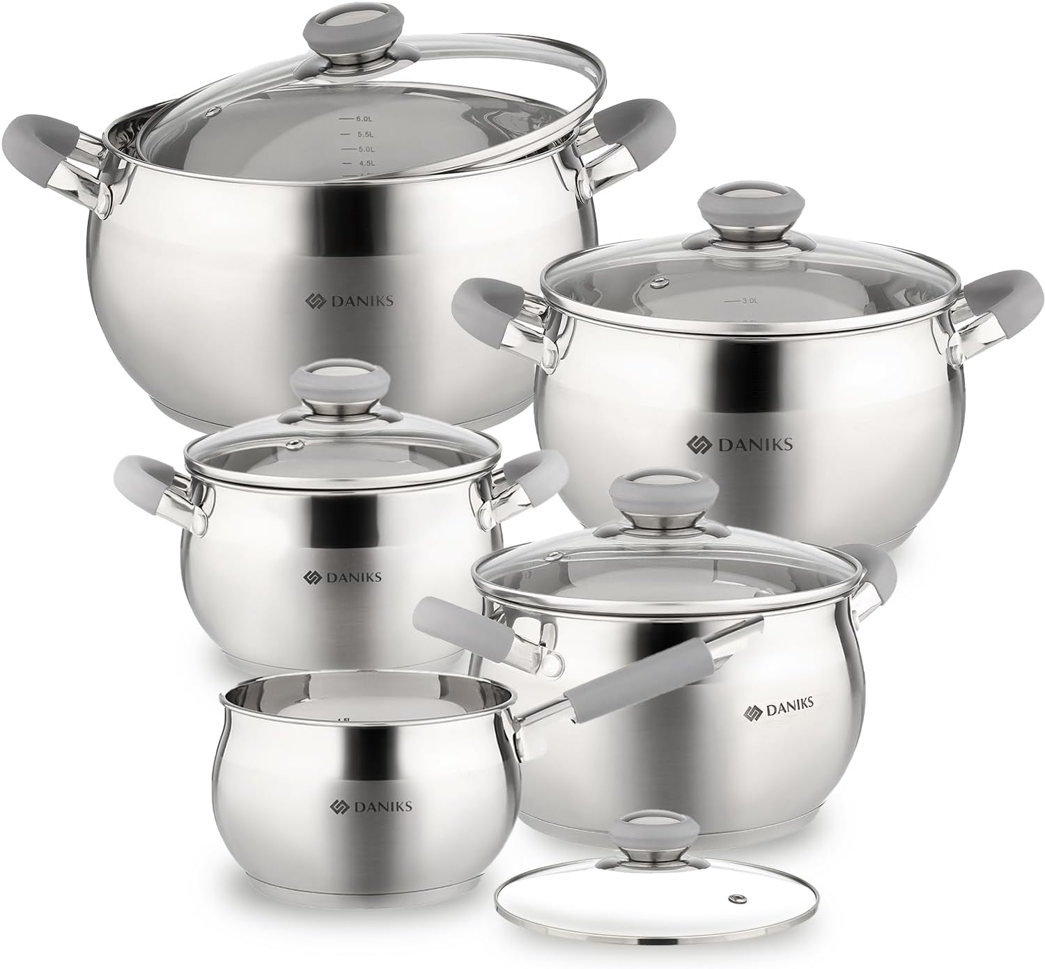 Daniks Modern 10-Piece Stainless Steel Induction Cookware Set – Dishwasher Safe Saucepan, Pots with Heatproof Handles, Glass Lids, Silver 10-Piece Set with Saucepan