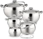 Ensemble de casseroles et poêles modernes Daniks de 10 pièces en acier inoxydable avec couvercles en verre, comprend une casserole, bases à trois couches, compatible avec induction, lavable au lave-vaisselle, poignées ergonomiques