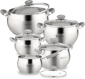 Daniks Modern 10-Piece Stainless Steel Cookware Set with Glass Lids, Includes Saucepan, Tri-Ply Bases, Induction Compatible, Dishwasher Safe, Ergonomic Handles