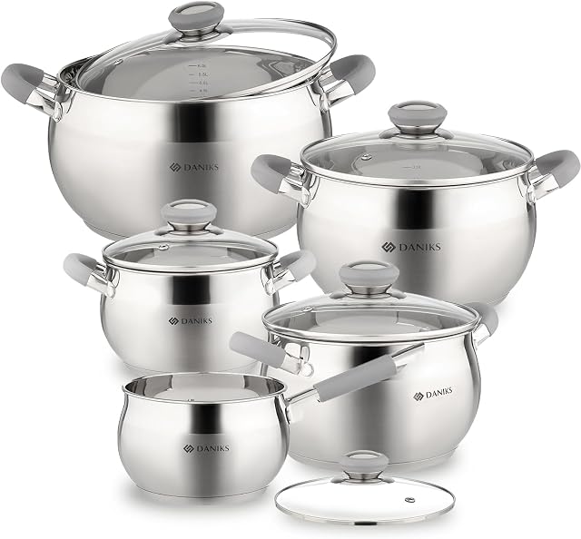 Ensemble de casseroles et poêles modernes Daniks de 10 pièces en acier inoxydable avec couvercles en verre, comprend une casserole, bases à trois couches, compatible avec induction, lavable au lave-vaisselle, poignées ergonomiques