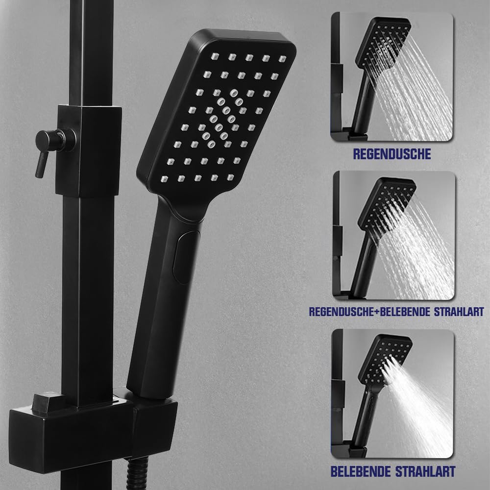 System prysznicowy czarny z termostatem, 30 x 19 cm, uniwersalny zestaw prysznicowy 86-120 cm, regulowany drążek prysznicowy, kolumna prysznicowa ze stali nierdzewnej, wyświetlacz LED, armatura