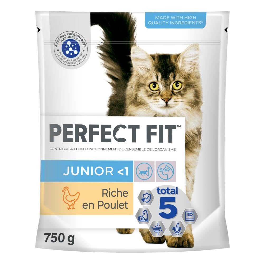 PERFECT FIT Junior < 1 Croquettes pour chat junior – Répond à des besoins spécifiques d'un chat stérilisé – Nourriture Riche en Poulet – 750 g (Lot de 6)