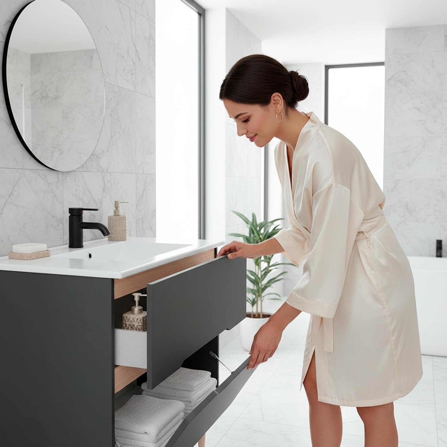 Arreditaly Mobile Bagno A Terra Con Lavabo In Ceramica E Specchio Inclusi 1 Cassetto Soft Close E 1 Anta A Vasistas Design Moderno Salvaspazio 80 x 45 x 80 Cm Colore Grigio Antracite E Rovere