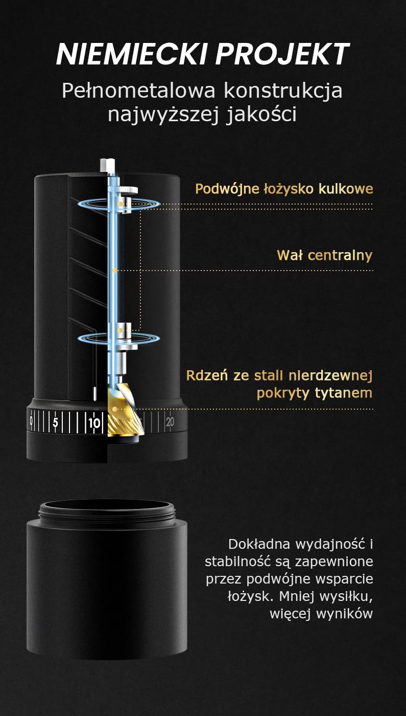 Vevok Chef Ręczny młynek do kawy O20-20 poziomów regulacji zewnętrznej, pojemność 35 g z walizką podróżną i sprzętem czyszczącym, konsekwentne mielenie Ti-Plated stal nierdzewna stożkowy zadzior