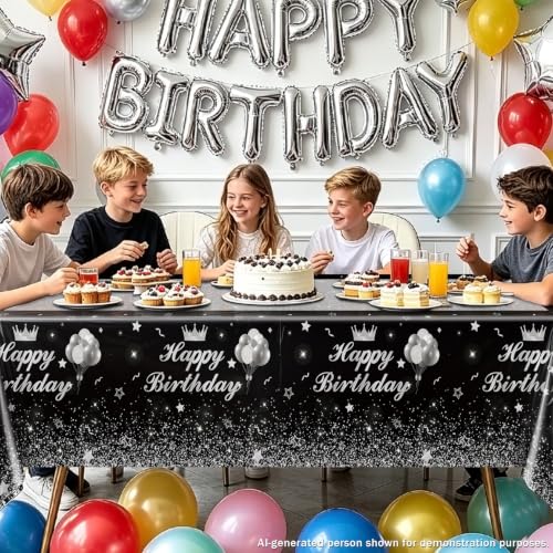 Image of 4 Pcs Happy Birthday Black and Silver Party Tablecloths - Silver Black Party Decorations Plastic Tablecloth Rectangular Table Covers for Boy Girl Baby Shower Birthday Table Supplies, 51 x 86.6 Inch