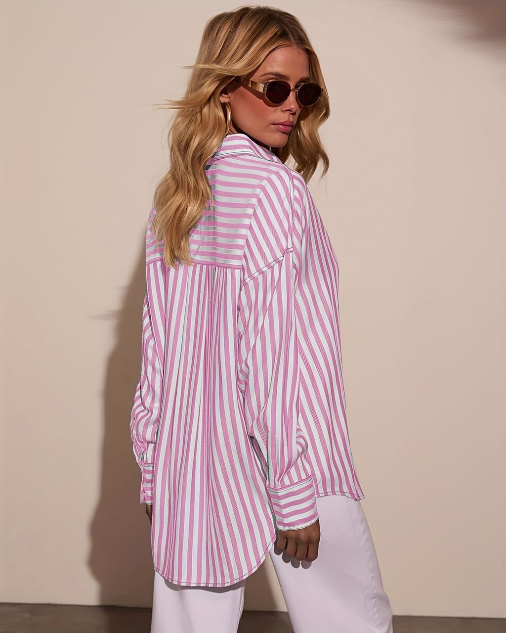 Dressmine Camicia oversize da donna in cotone, a righe, a maniche lunghe, con colletto e bottoni, camicia casual con tasca