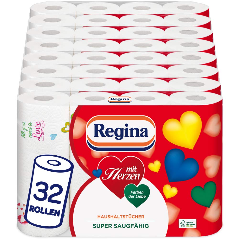 Regina con cuori, asciugamani per la casa, 32 rotoli, 43 fogli, 3 strati, super assorbenti, 10 decorazioni nei colori dell'amore, 100% cellulosa, certificato FSC, 5,1 kg