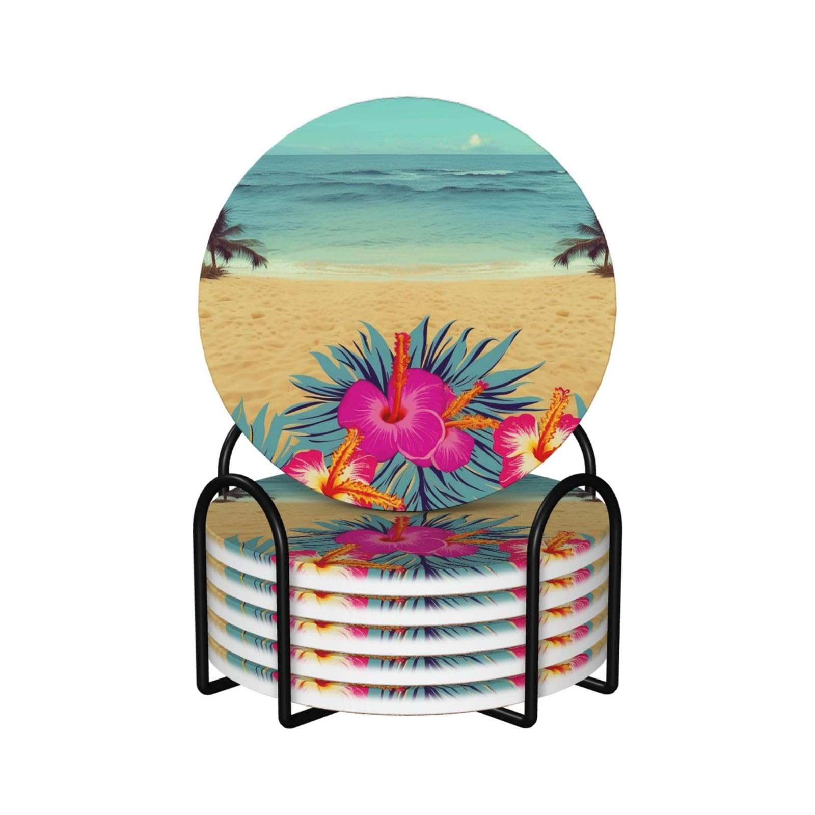 6Pcs Ceramics Coaster for Drinks, Hello Hawaii Cup Coasters with Holder, Aesthetic Drink Coasters for Coffee Table, Absorbent Round Coaster for Tabletop Protection 4" Cup Mat Pad
