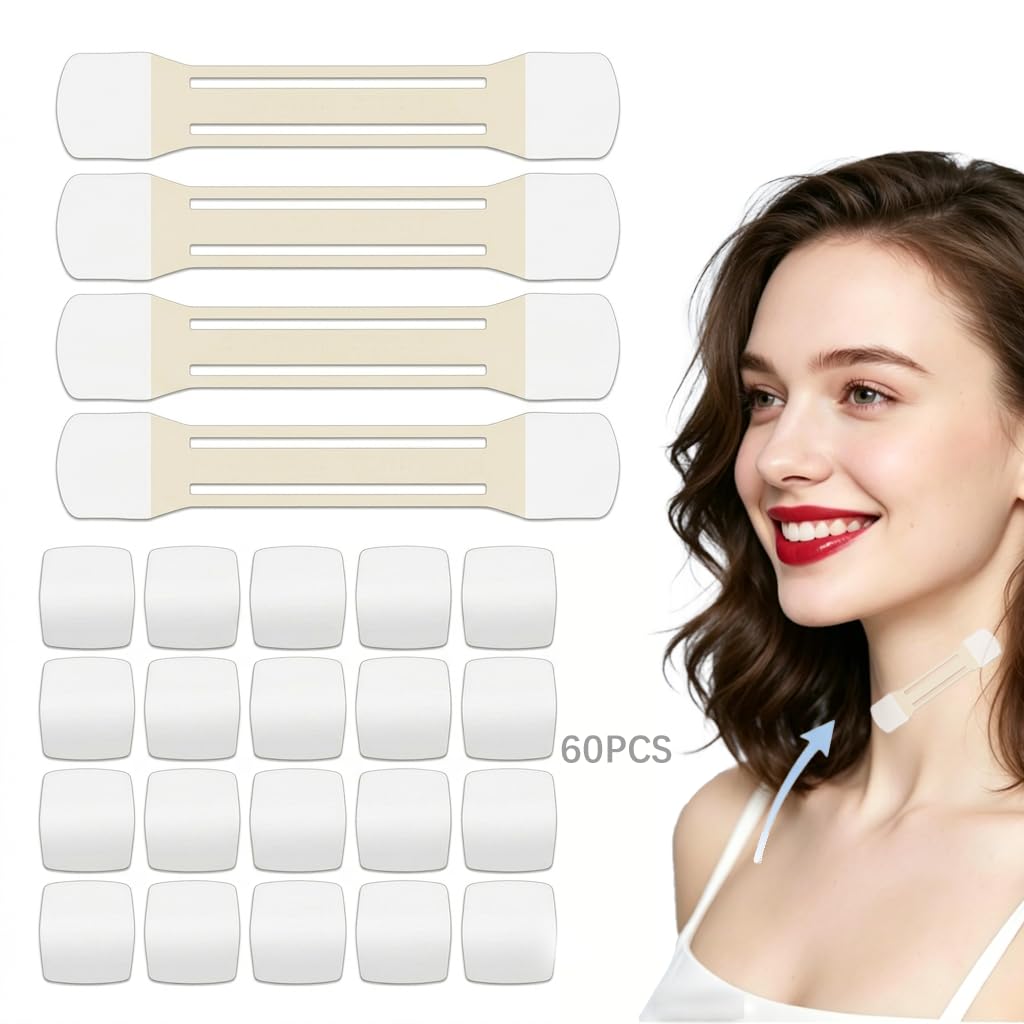 60 PCS+4 Strips Neck Tape Lifting Invisible,Neck Lift Tape,Tightening Tape,Improves Neck Less Tape Strips Clear for Double Chin Sagging Skin Jawline Jowls Wrinkles