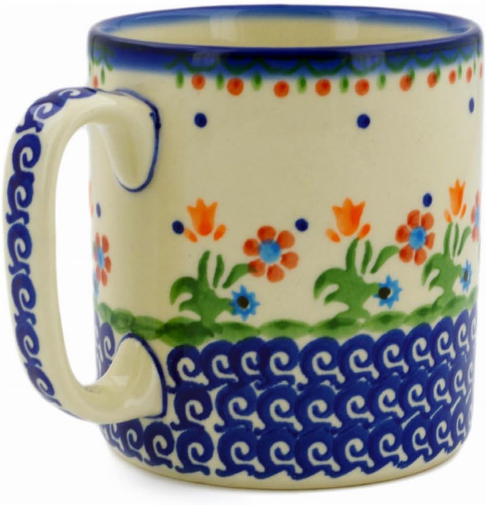 Polmedia Polish Pottery Mug 13 oz - Spring Flowers Pattern Handmade in Boleslawiec Poland by Ceramika Bona + Certificate of Authenticity