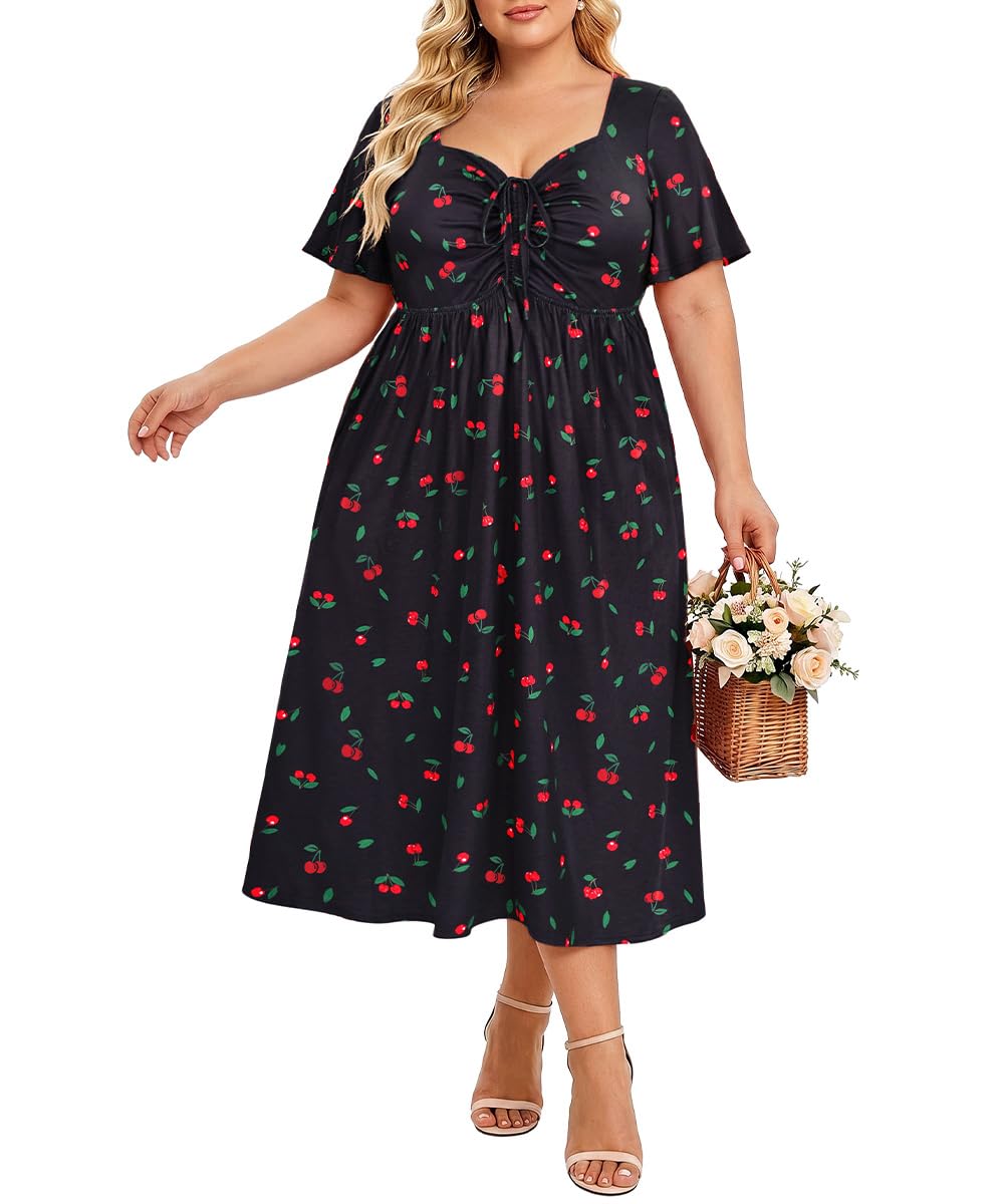 CARCOS Plus Size Dresses for Curvy Women Tie Sweetheart Neck Summer Maxi Dress Short Sleeve Empire Waist Floral Boho Dress