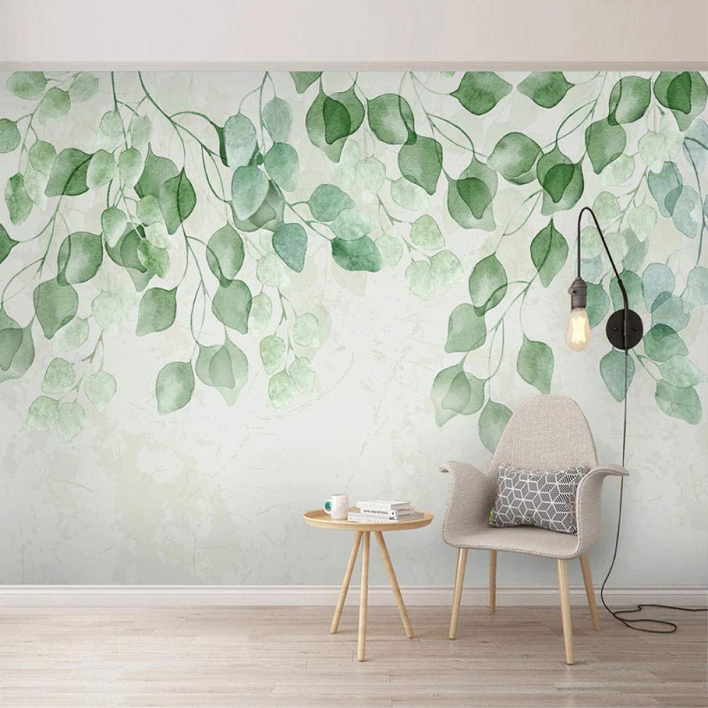 Papier peint 3D feuilles vertes aquarelle 350x245 cm pour fresque murale salon