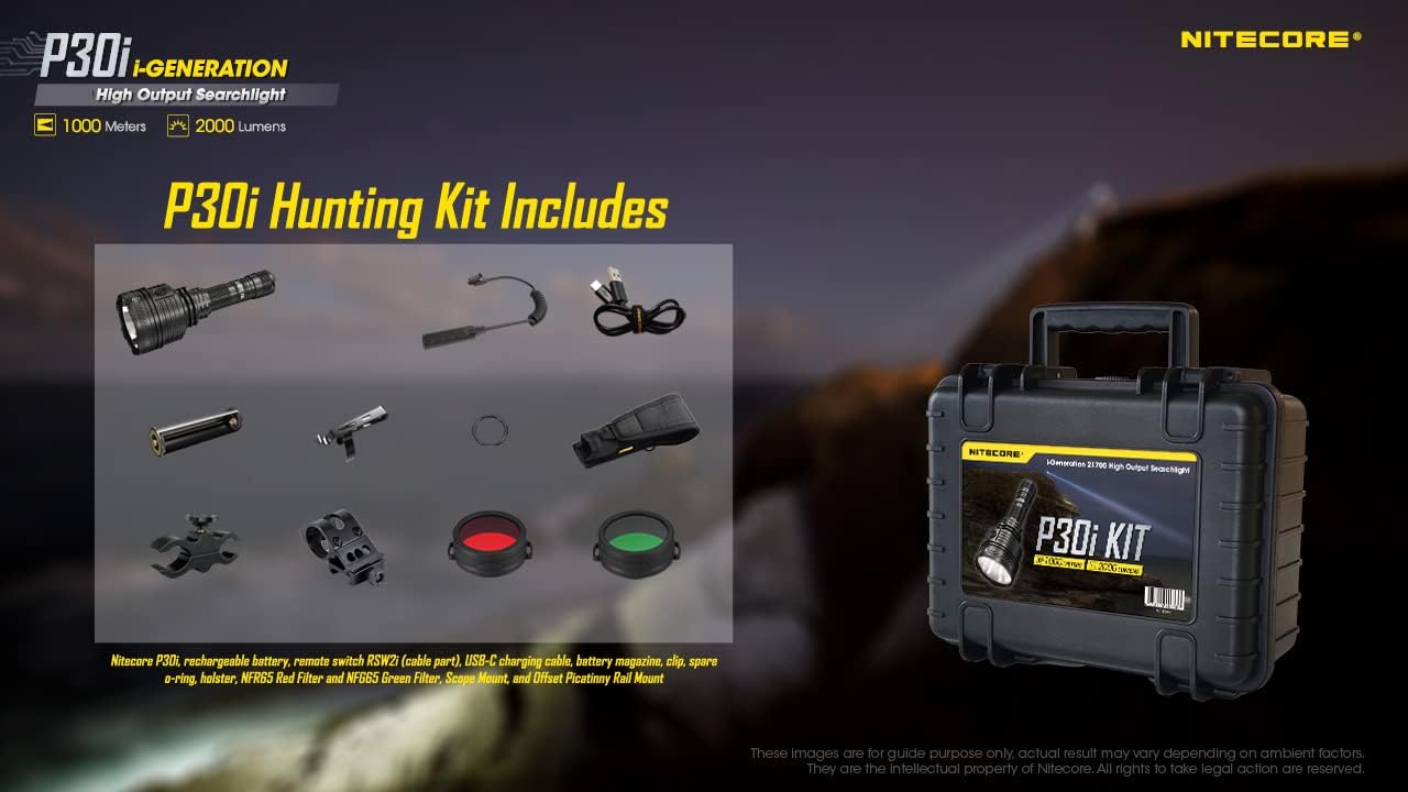 Nitecore P30i Ultra Long Throw Rechargeable Hunting Light Kit, 2000 Lumen 1093 Yards with Red. Green Filters, Pressure Switch, Scope Mount and Rail Mount