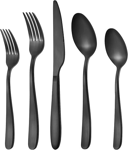 Juego de cubiertos negros mate para 8, juego de cubiertos negros de 40 piezas, acero inoxidable, incluye tenedor, cuchara y cuchillo, juegos de
