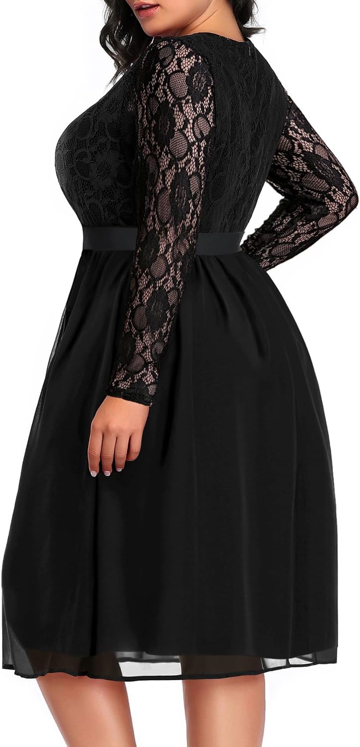 Women Plus Size Wedding Guest Dresses Cocktail Black Wrap Lace Fall Formal Long Sleeve Knee Length Evening Party Dress - Image 4