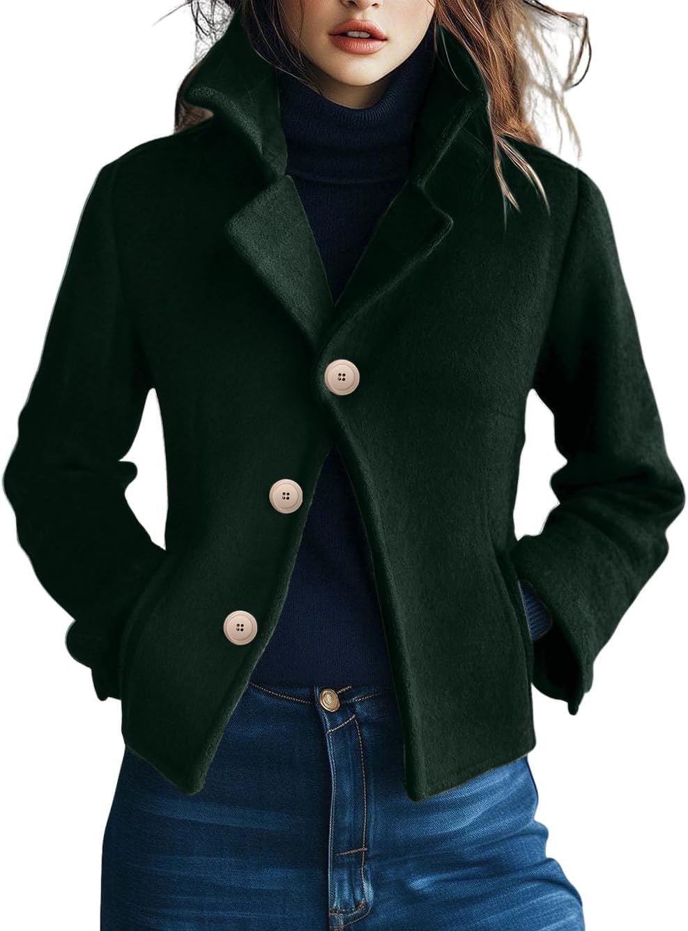 CHARTOU Women Short Plaid Wool Blend Jacket Crop Woo Blazer Pea Coat Crop Winter Outwear