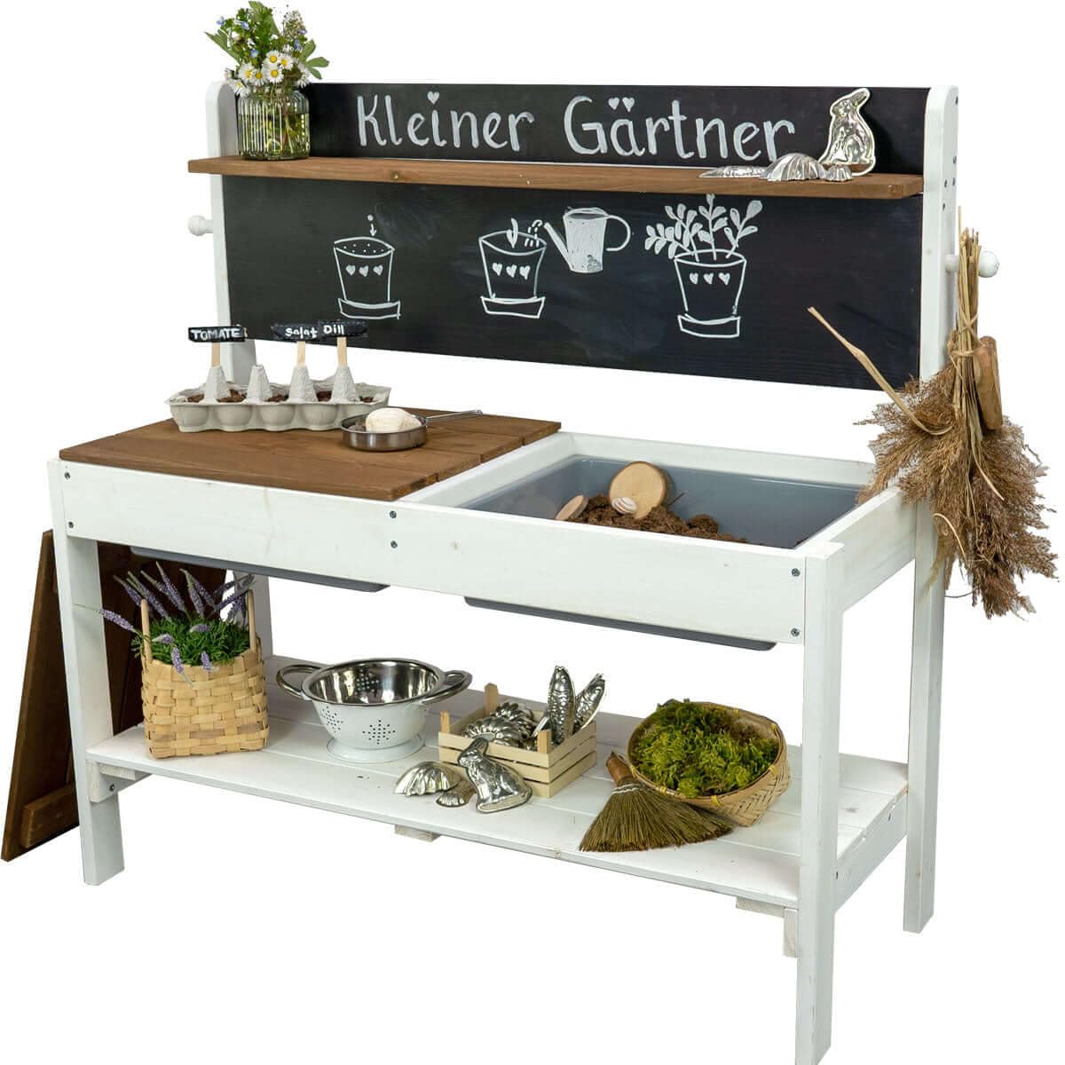 Meppi Matschküche Kleiner Gärtner aus Holz - Outdoorküche für Kinder mit Matschwannen - Pflanztisch & Basteltisch