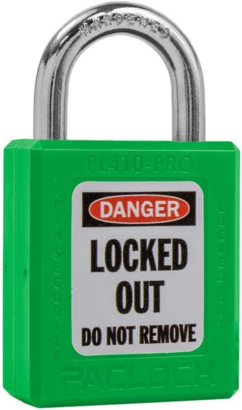 PACLOCK's PL410-PRO Safety Lockout (Loto) Padlock, 2-1/2" Tall Hard. Steel Shackle, High Performance 7-Pin Cylinder w/ 1 Key, Keyed Alike, Green