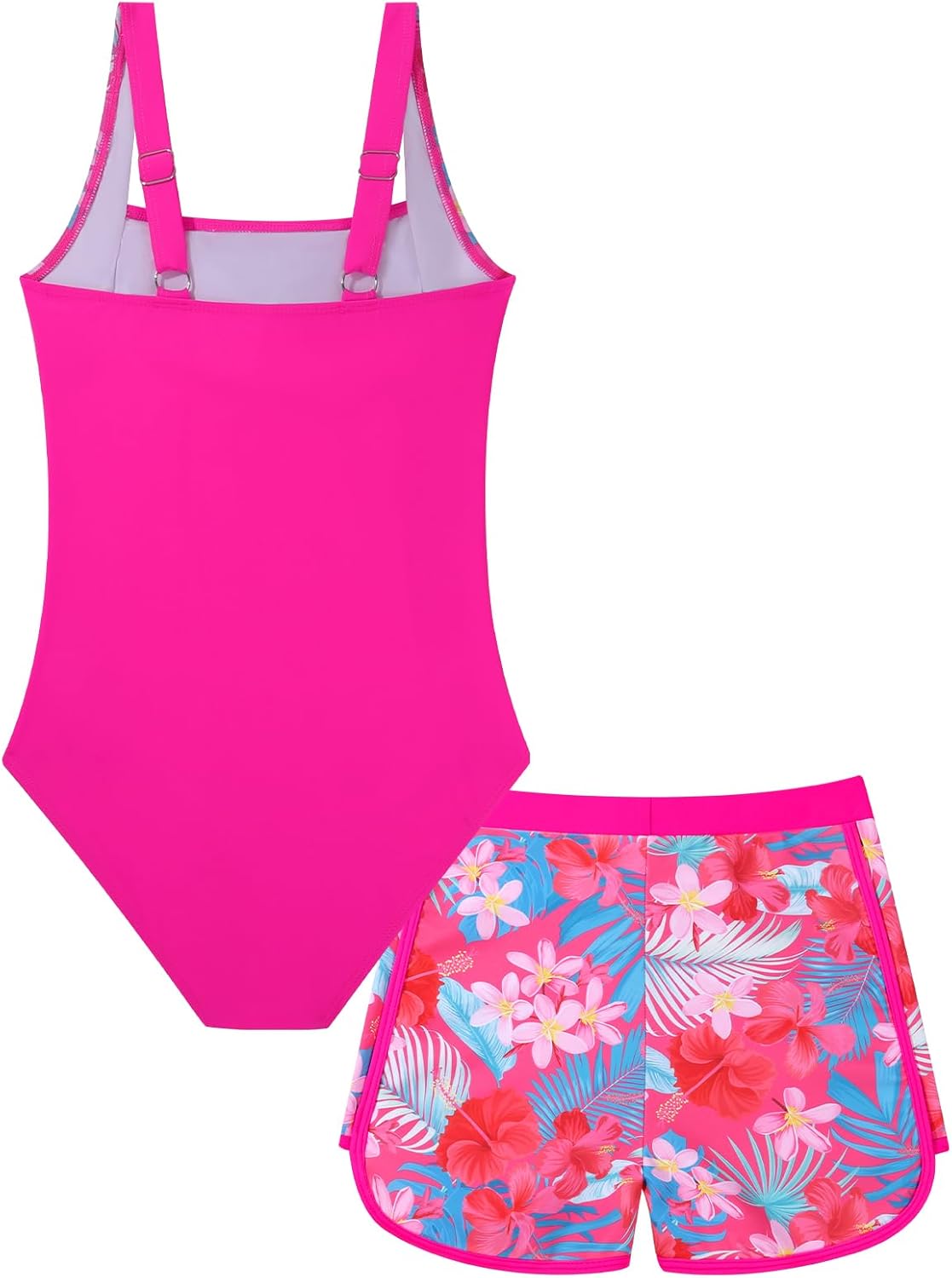 Girls Swimsuit One Piece Bathing Suit with Tropical Print Shorts Adjustable Strap Swimwear for Teens Size 9-16