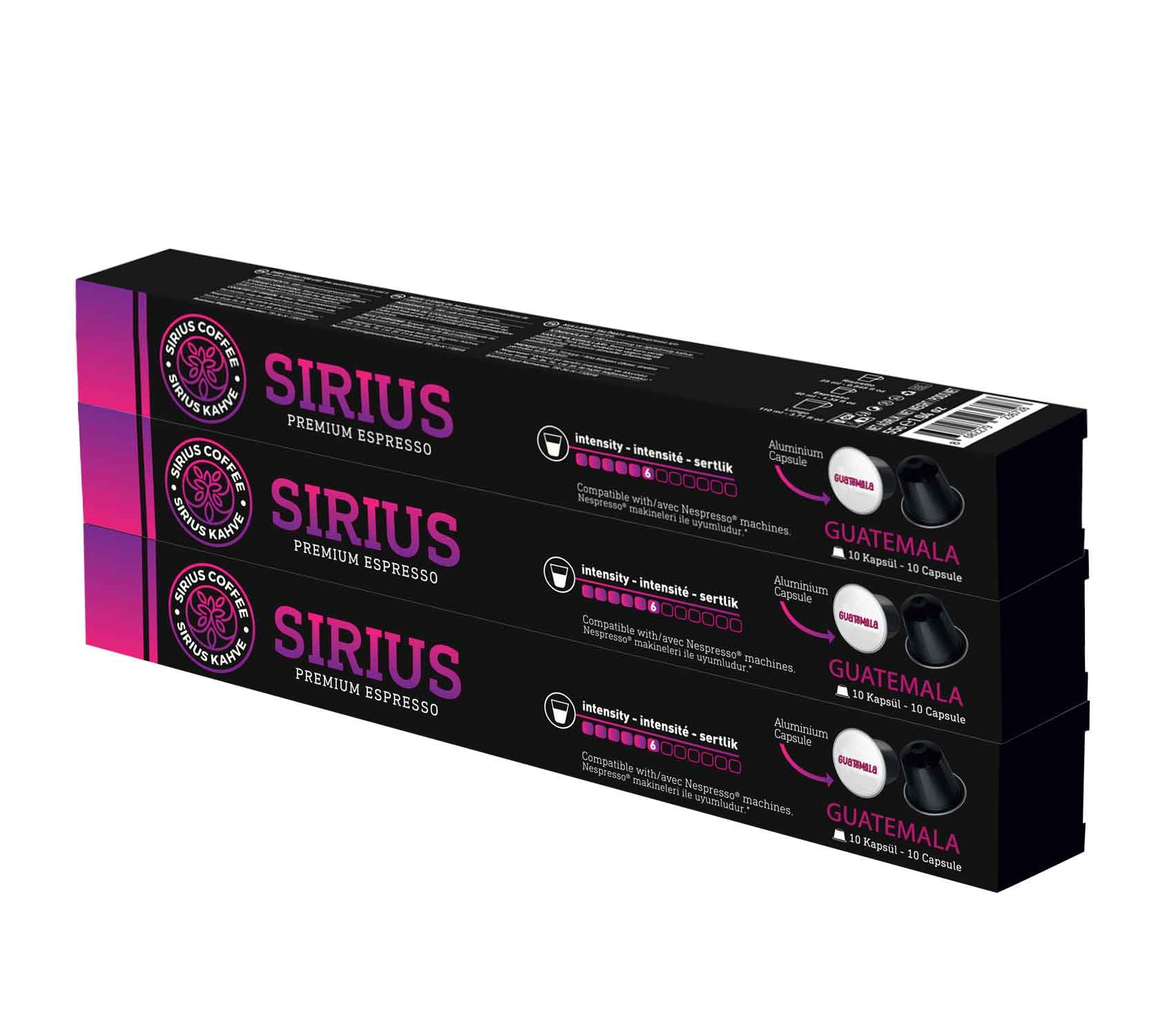 Sirius Premium Single Kapsül Kahve Guatemala (Nespresso Uyumlu) 3lü Set (30 Kapsül)