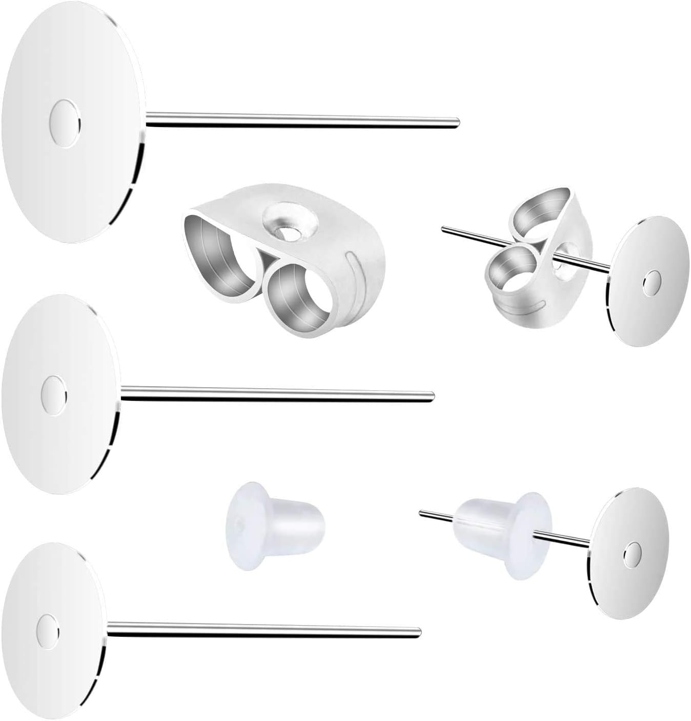 600 Pcs 4mm/6mm/8mm Earring Posts and Backs Hypoallergenic Secure Stainless Steel Flat Pad Earring Studs with Butterfly and Rubber Bullet Earring Backs for DIY Jewelry Making Supplies (Silver)