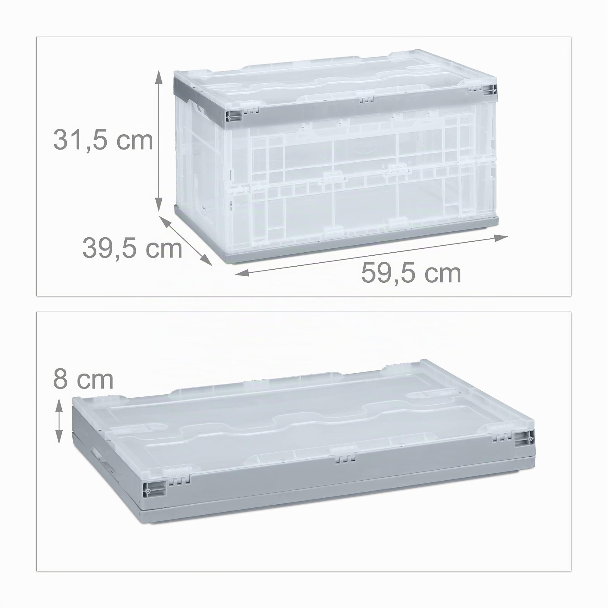 Relaxdays Caja de Almacenaje con Tapa Plegable, Plástico, Transparente-Gris, 31.5 x 59.5 x 39.5 cm