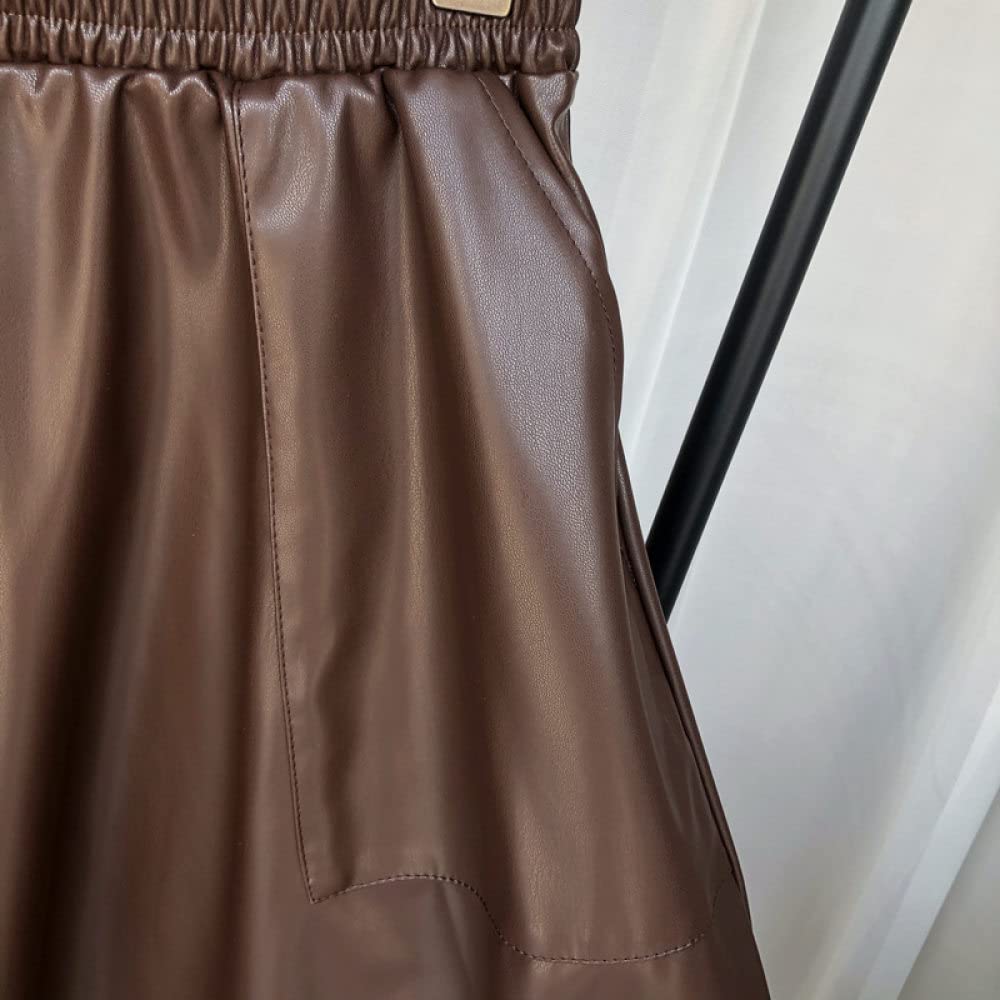 OZEO Röcke,Damenrock Aus Pu-Leder, Schwarz, Elastisch, Hohe Taille, Midirock, Einfarbig, A-Linie, Swing, Gerüscht, Lässig, Lange Röcke Für Mädchen, Damen, Herbst, Winter,S