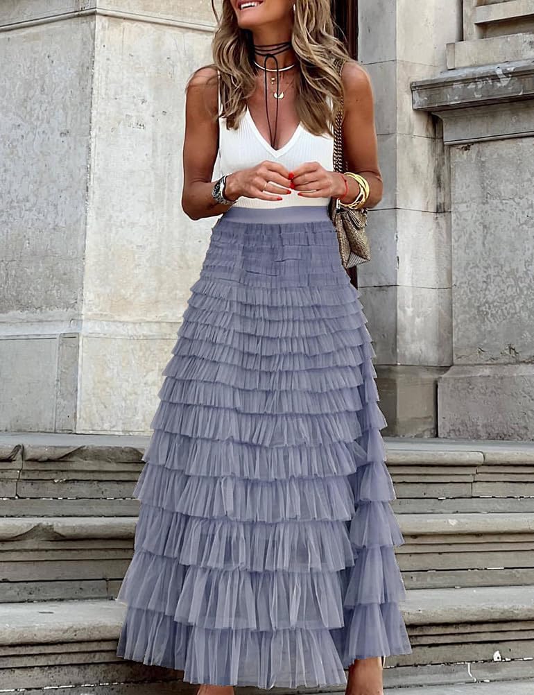 Long Tulle Skirt for Women Trendy High Waisted A Line Fluffy Fairy Mesh Layered Ruffle Skirt