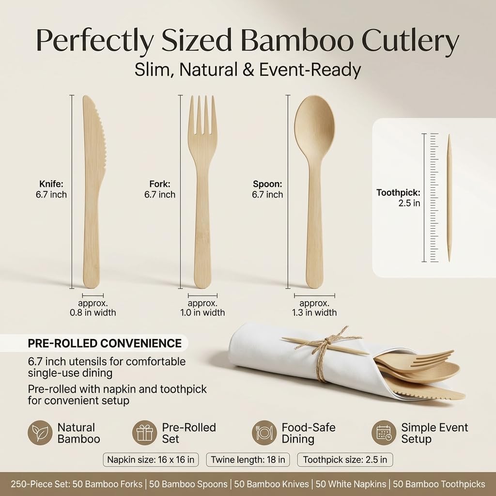 Bamboo Cutlery Set with Pre-Rolled Napkins & Toothpicks, 50 Pack - Disposable 6.7" Bamboo Utensils (Fork, Spoon, Knife), Compostable Eco-Friendly Cutlery for Picnic, Camping, Wedding, Parties & Events