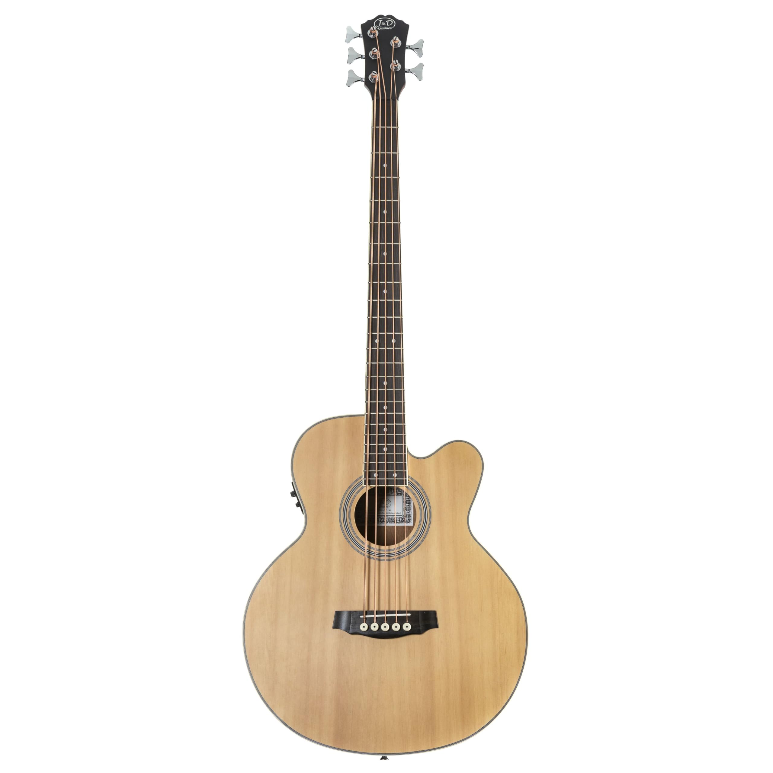 5-Saiter Akustikbass Jumbo Natural, Fichtendecke, Mahagoni-Korpus, Ahornhals, Tonabnehmer, 34" Longscale, Cutaway, Matt-Finish, Integriertes Stimmgerät