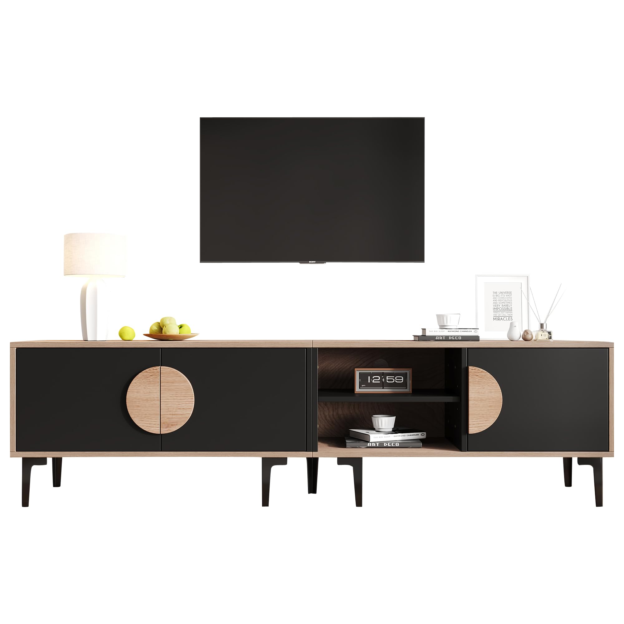 Mueble bajo para TV con 3 puertas y 7 patas, 180 cm, madera negra