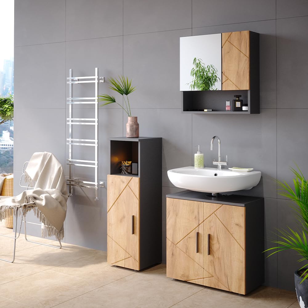 Vicco Set mobili bagno Irma, Rovere dorato/antracite, 80 cm, composto da mobile sottolavabo, specchiera e mobile medio