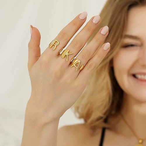 Miniatura 8 de Bold Initial Letter Rings Adjustable, GoldChic Jewelry Women Gold Statement Ring Personalised Engraved Womens Open Signet Ring for Party